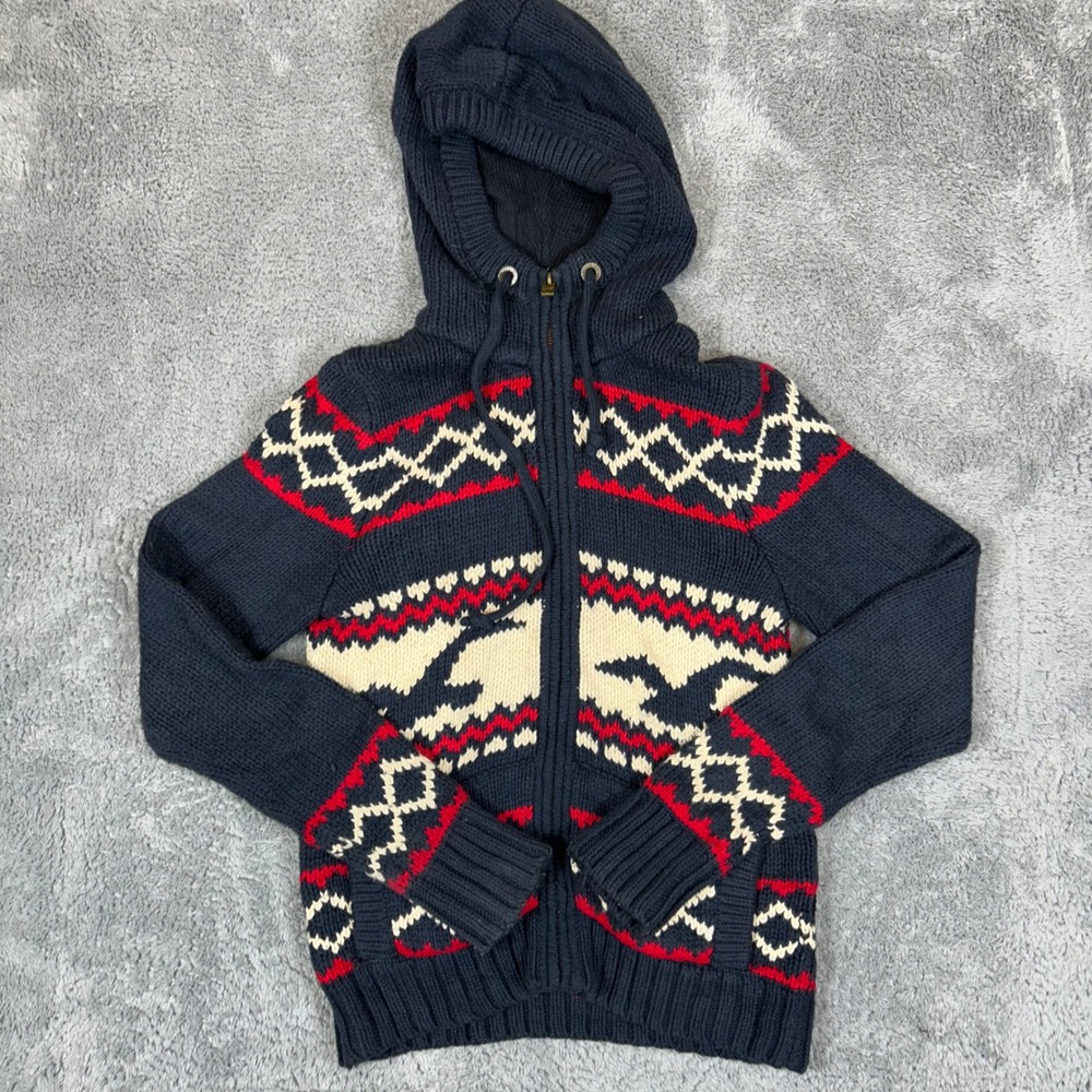 Hollister Mens Fair Isle Full Zip Knit Hoodie Navy Blue Red Wool Blend Small